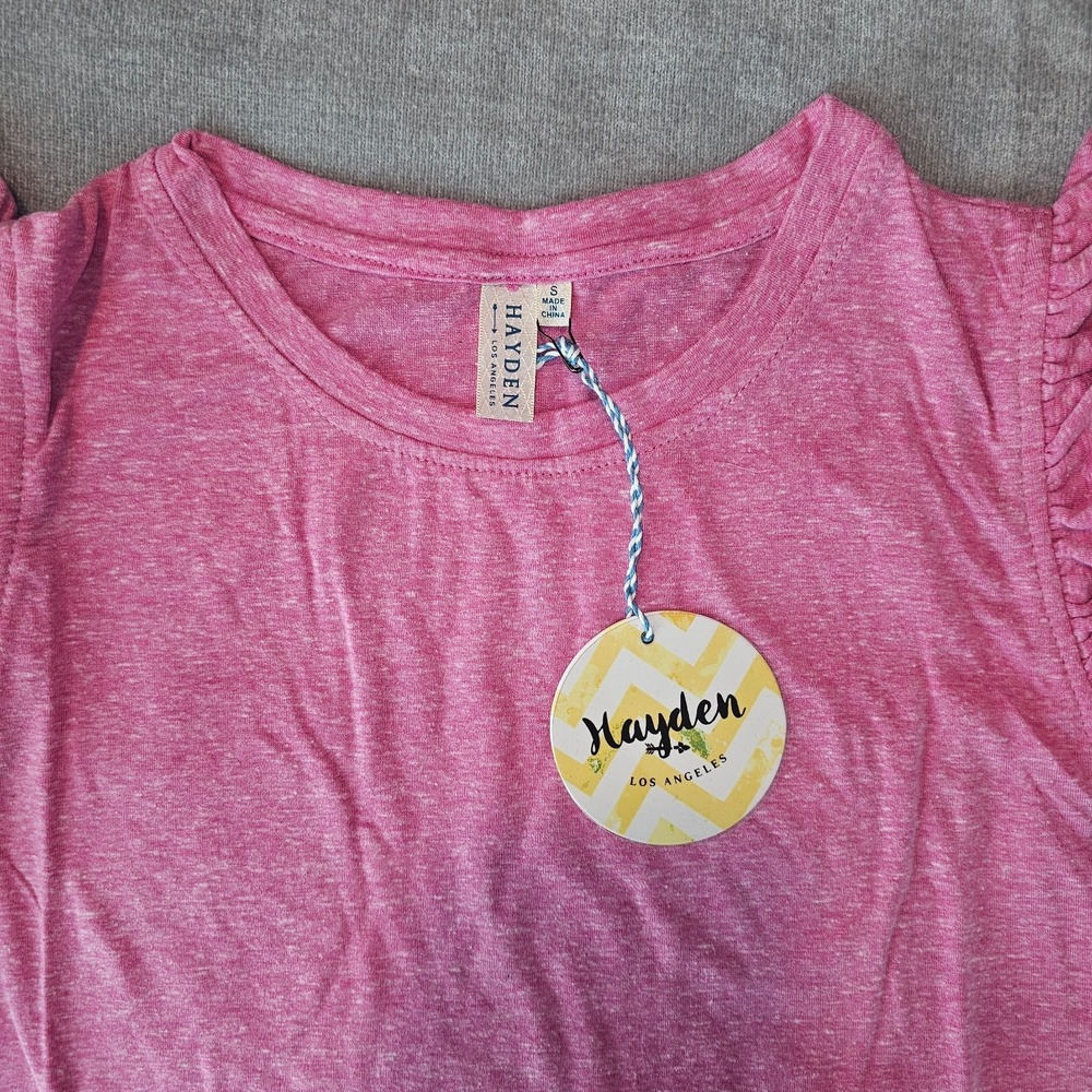 Hayden L.A Women's Pink Ruffle Cap Short Sleeve Tie Tape Side Top NWT Small - Picture 12 of 14
